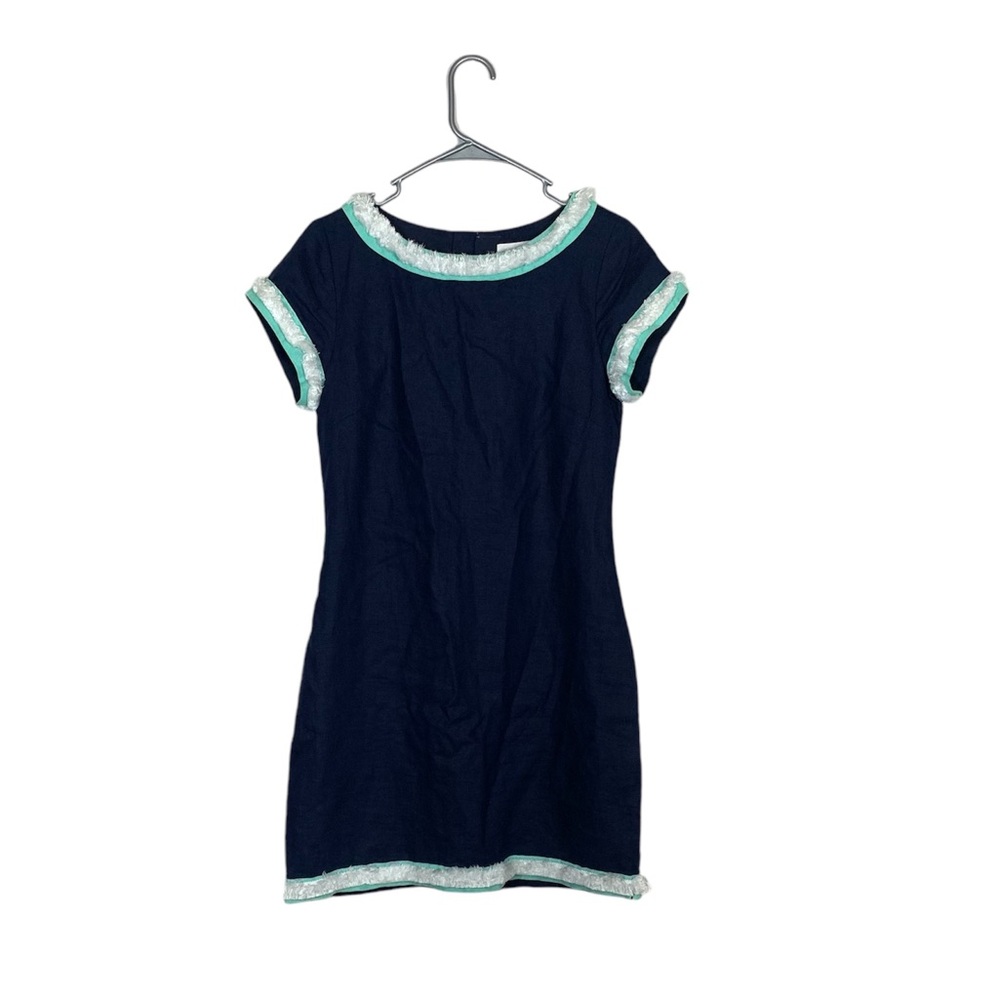STS Sail to sable navy Linen Shift Dress with Fringe Trim size 6 cruise nautical - Picture 2 of 9